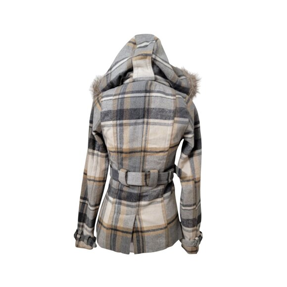 Rue 21 Size S Gray Tan Cream Plaid Polyester Wool Blend Double Breasted Jacket - Picture 7 of 14